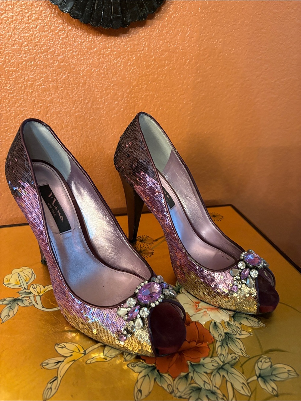 Nina Pink and Gold Sequin Peep-Toe Heels with Crystal Accent